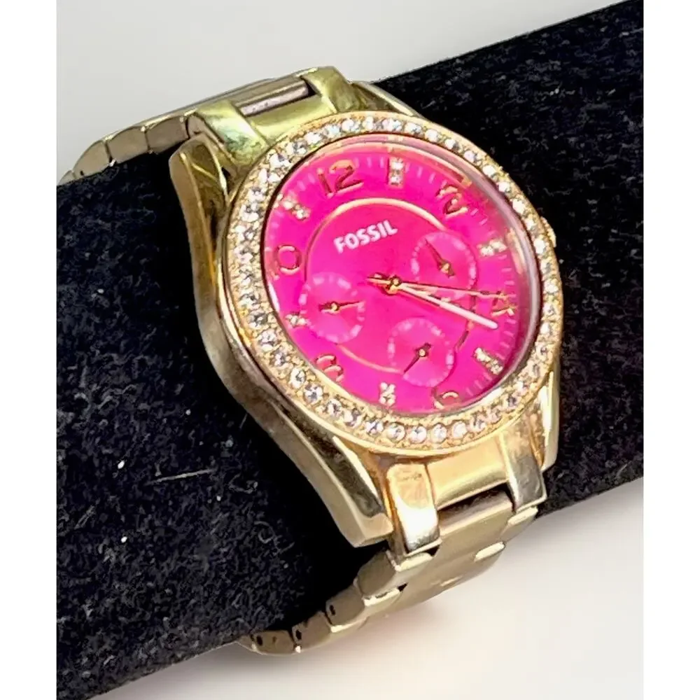 FOSSIL Women’s Gold Tone Crystal Bezel Pink Dial Watch ES3071